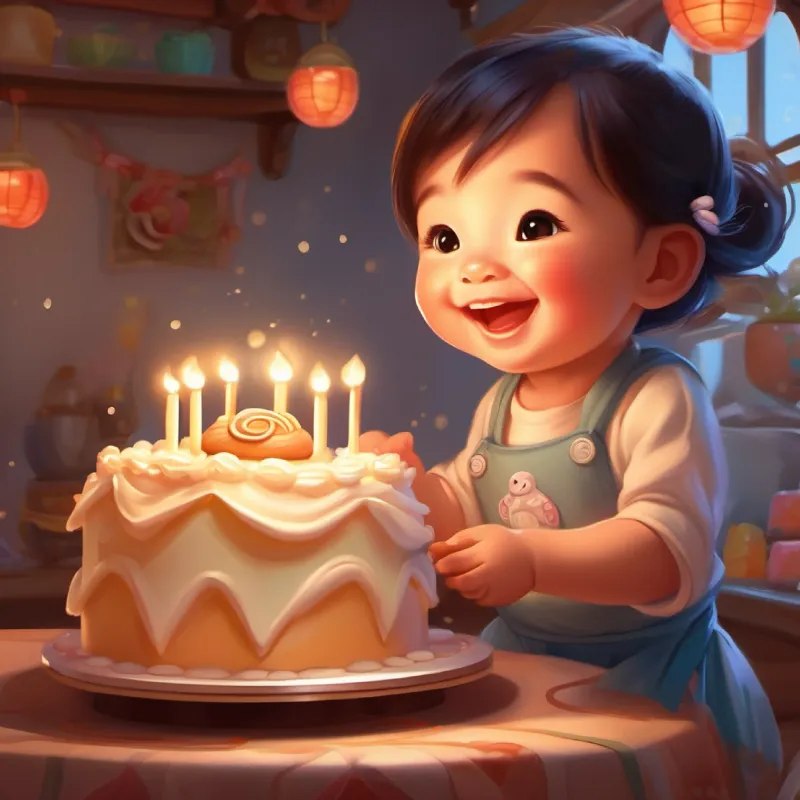 Decorating cakes, Baby girl, big smile, wearing a snug mei tai is fascinated by the icing.