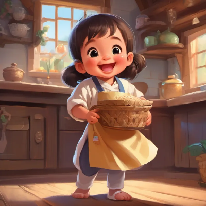 Baby girl, big smile, wearing a snug mei tai receives a surprise package, a tiny apron.