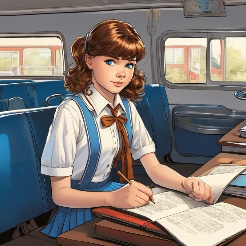 young brown headed girl lucy sitting behind the driver writing in note book
