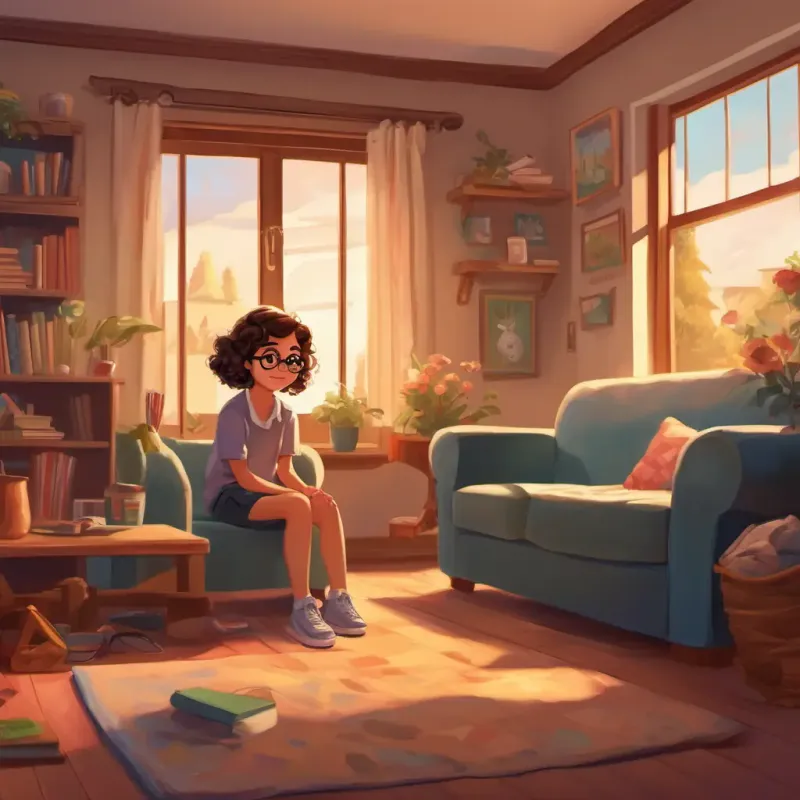 A girl with curly brown hair and glasses sitting sadly in her room, while her parents dance happily in the living room