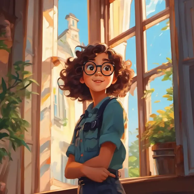 A girl with curly brown hair and glasses peeking out the window, seeing her parents dancing wildly and the police coming