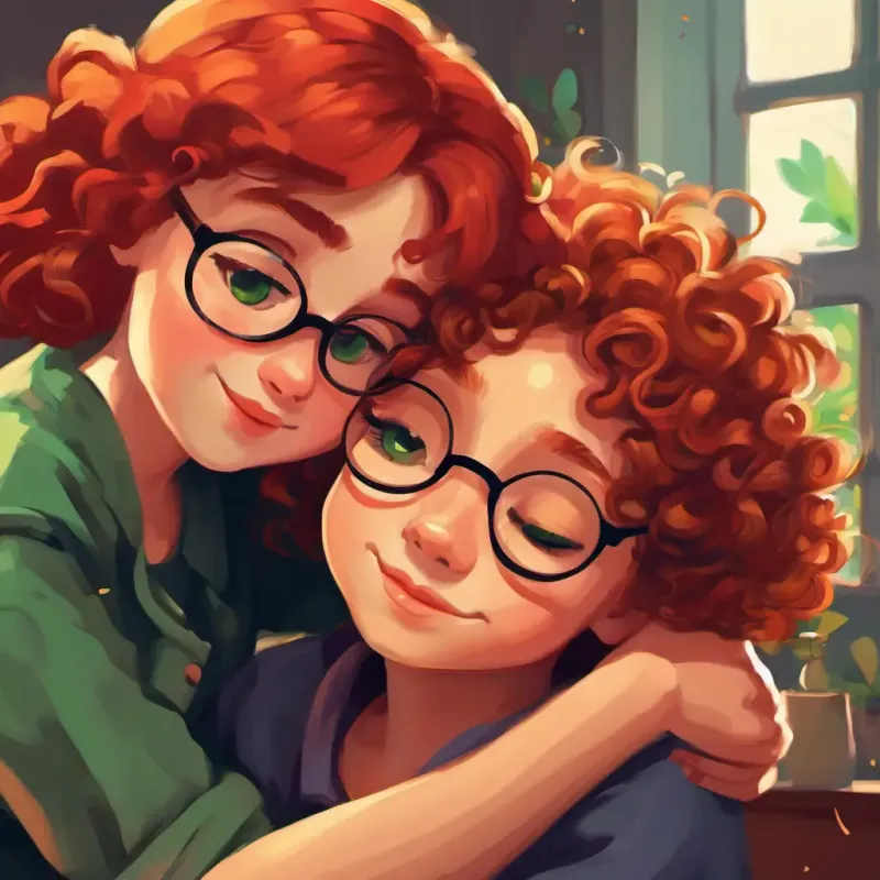 A kind-hearted girl with red hair and green eyes comforting A girl with curly brown hair and glasses with a big hug