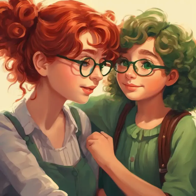 A kind-hearted girl with red hair and green eyes whispering kind words to comfort A girl with curly brown hair and glasses