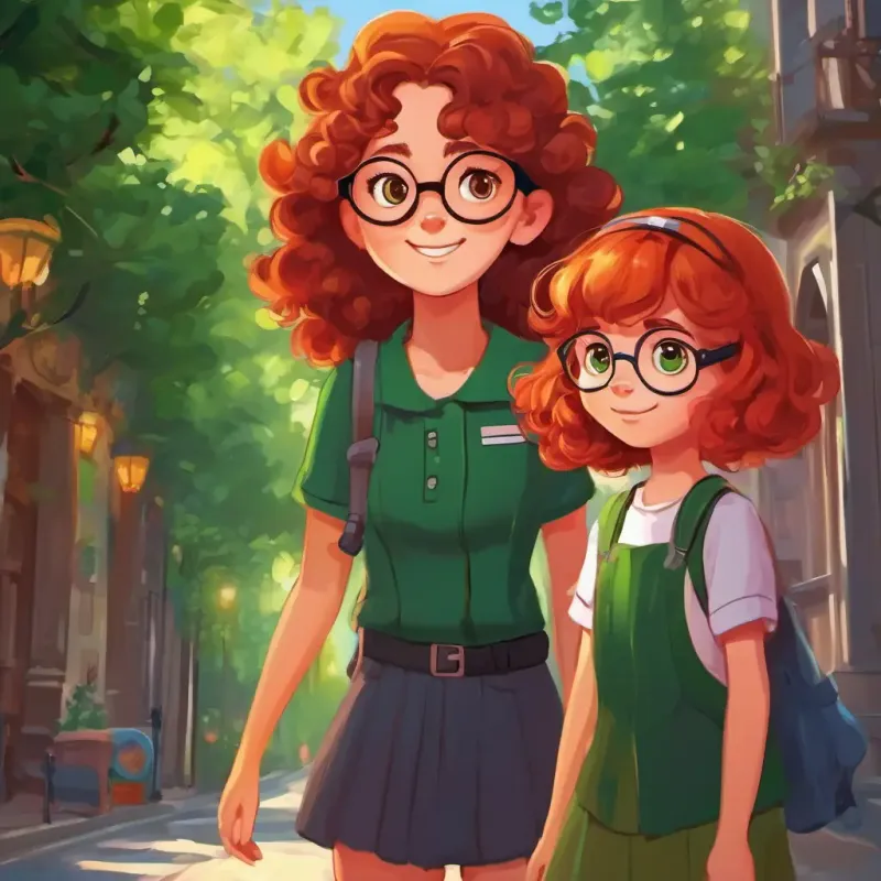 A girl with curly brown hair and glasses standing with A kind-hearted girl with red hair and green eyes as her parents get unarrested