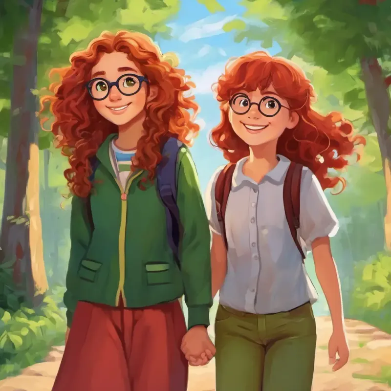 A girl with curly brown hair and glasses and A kind-hearted girl with red hair and green eyes holding hands, smiling and learning about empathy