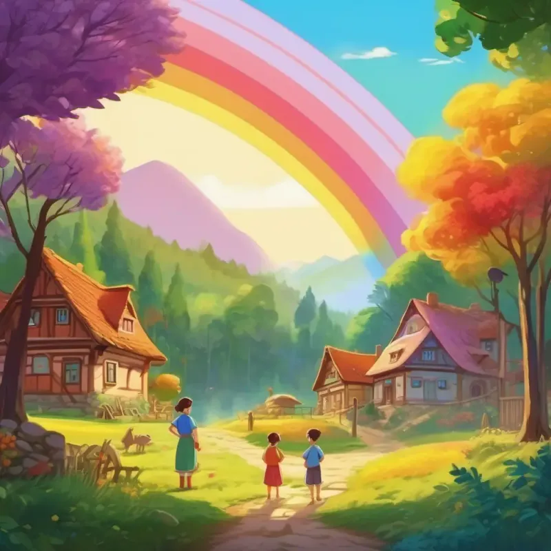 Introduction to the Rainbow Family in a village by the forest, setting the scene for the story, with bright colors and nature.