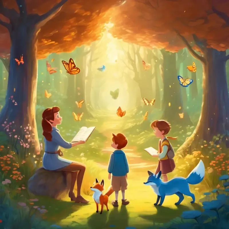 The family meets a magical butterfly and a talking fox, embarking on an enchanting adventure of words and wonder.