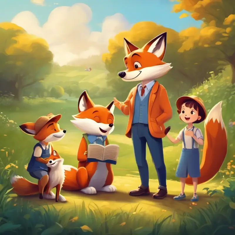 The family interacts with animals speaking different languages, embracing the fun of learning English with the help of the talking fox.