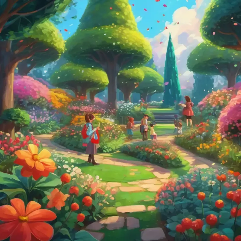 Students exploring the magical math garden, encountering the enchanting and intricate flowers.