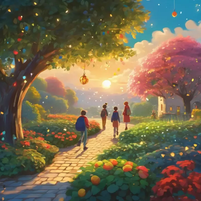 Conclusion of the story, students leaving the magical math garden with a newfound love for mathematics.