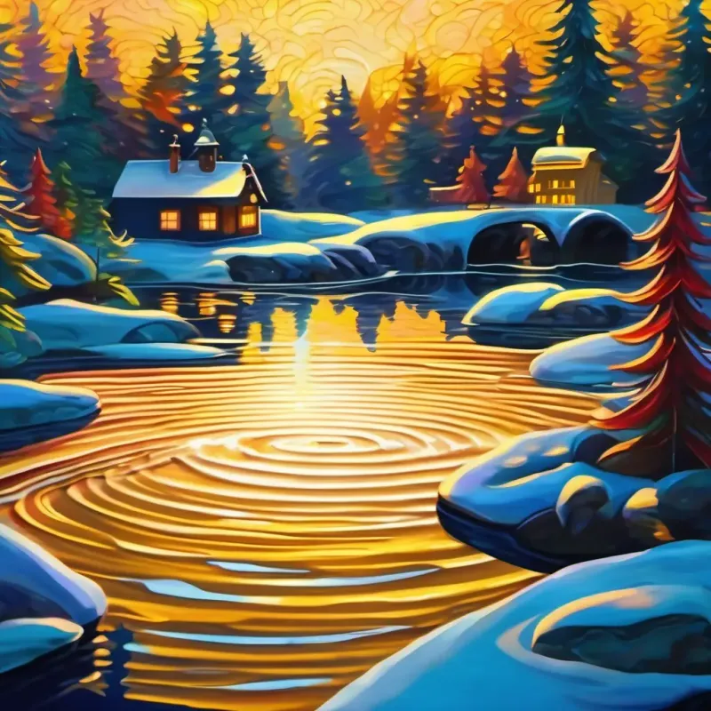 Students encountering the shimmering pond with sine wave ripples, appreciating its mathematically precise beauty.