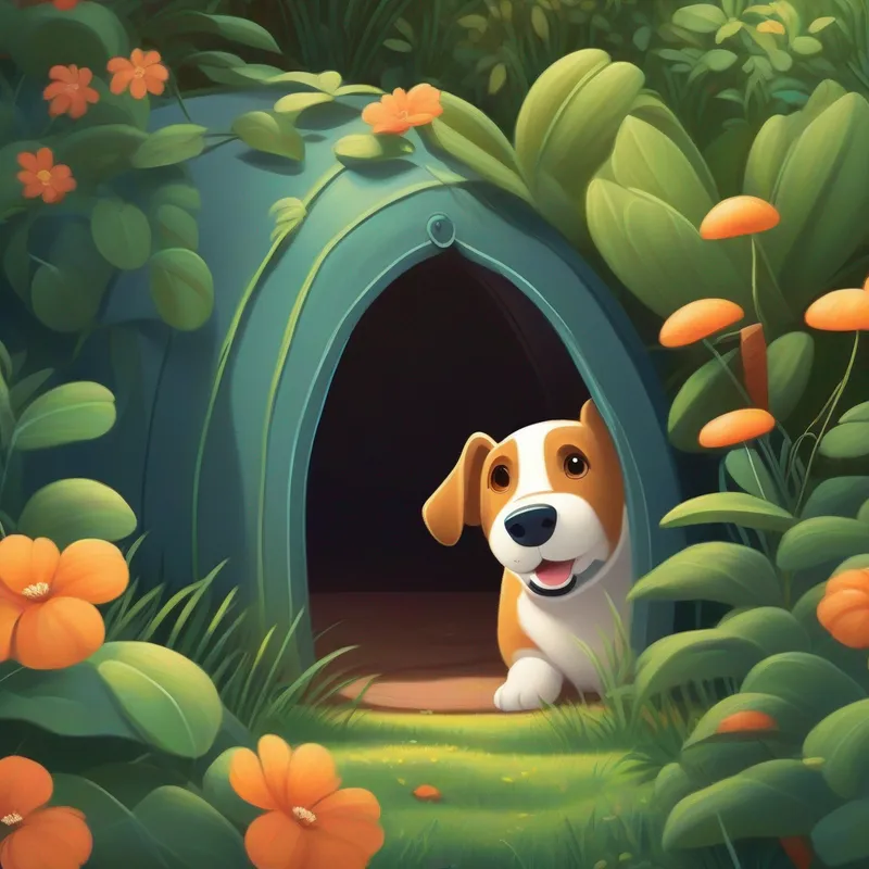 Dog and mouse playing hide-and-seek in a cozy garden.