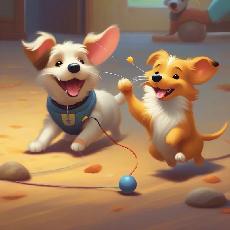 Dog and mouse playing together, having lots of fun.
