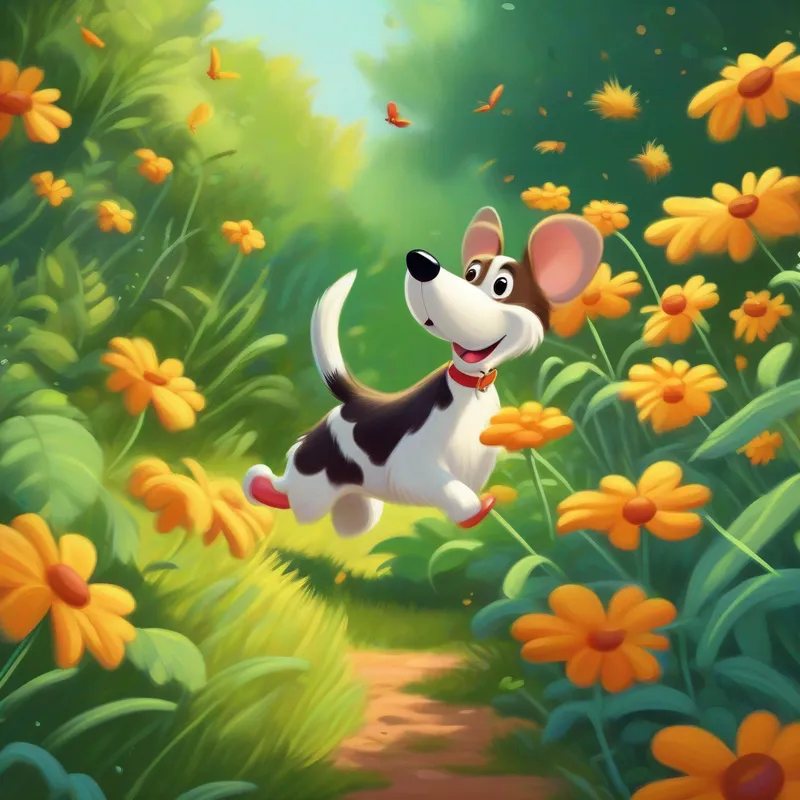 Dog and mouse exploring the garden, chasing butterflies.