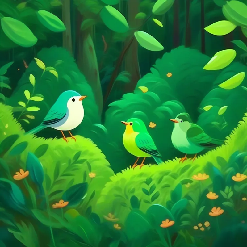 Birds in a green forest with a happy expression