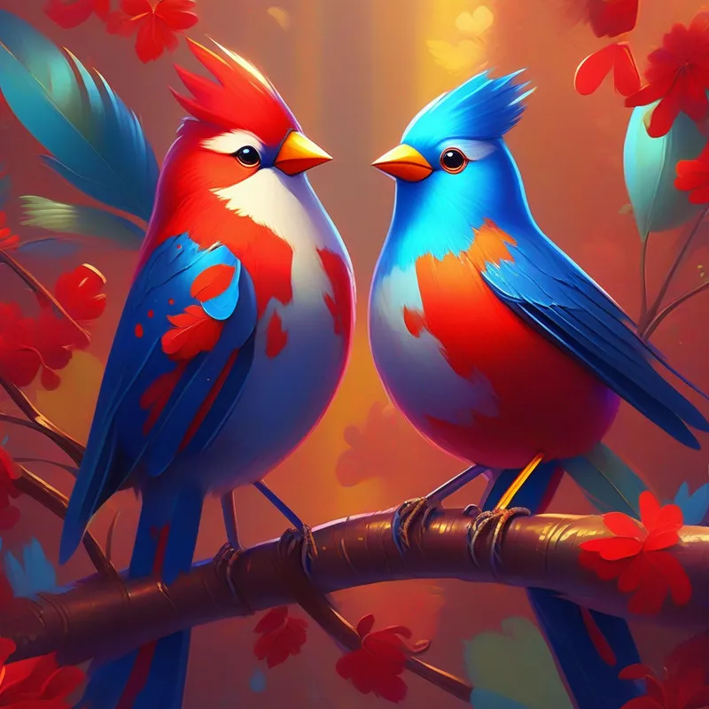 Bright, red bird with shiny feathers and Cheerful, blue bird with a melodious voice happily staying together