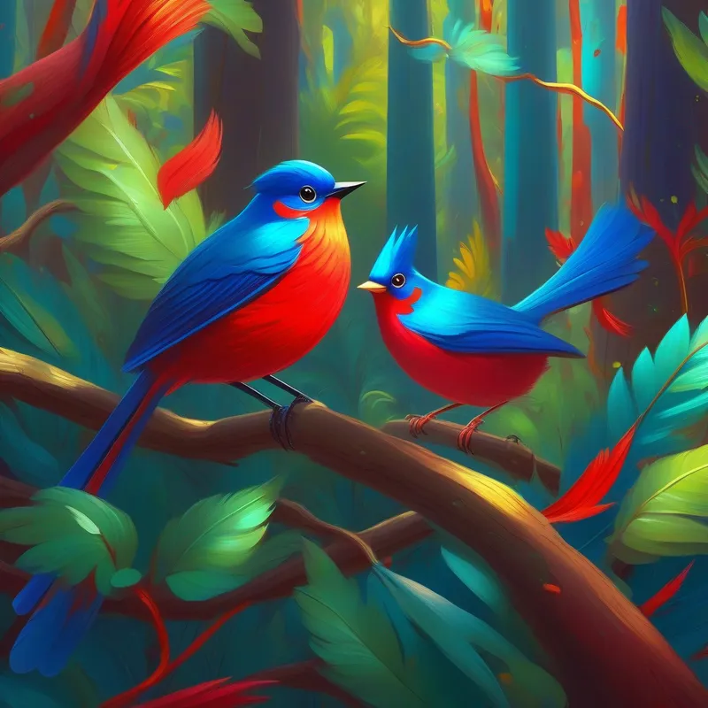 Bright, red bird with shiny feathers and Cheerful, blue bird with a melodious voice spreading happiness in the forest