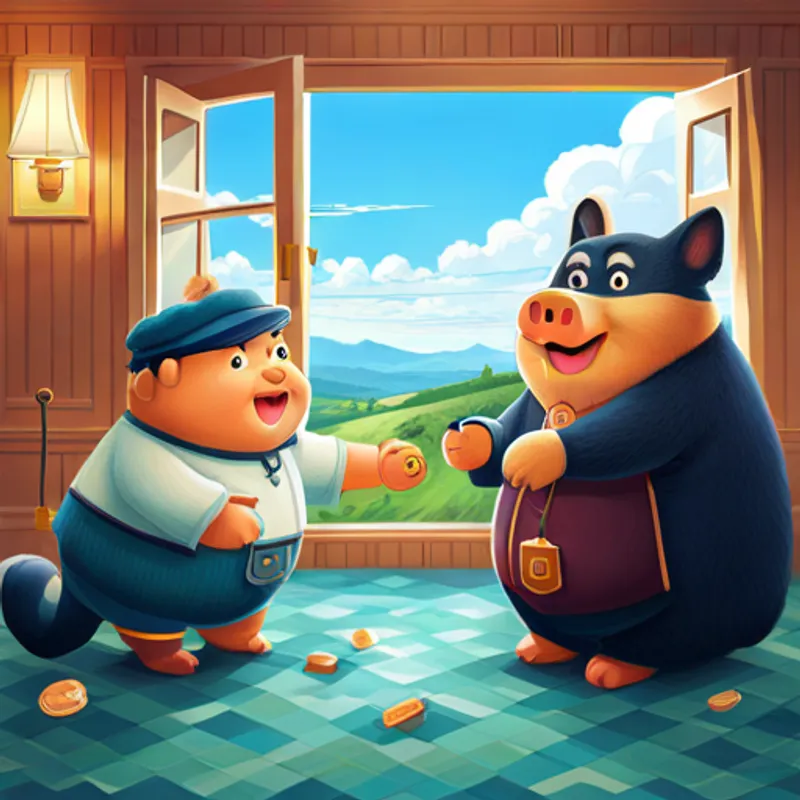 Bubu and Benny pointing at a piggy bank