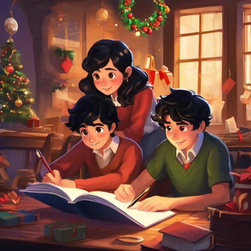 Friends help Storyteller, wavy black hair, hazel eyes, clutches a notebook with his story