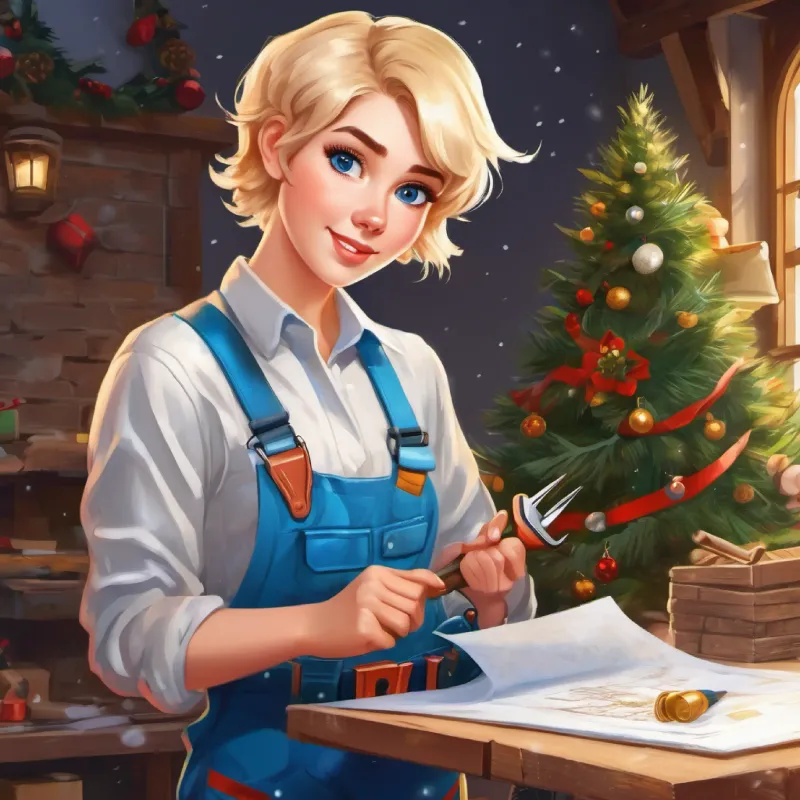 Builder, short blonde hair, blue eyes, wears a tool belt saves the drawings, promoting teamwork