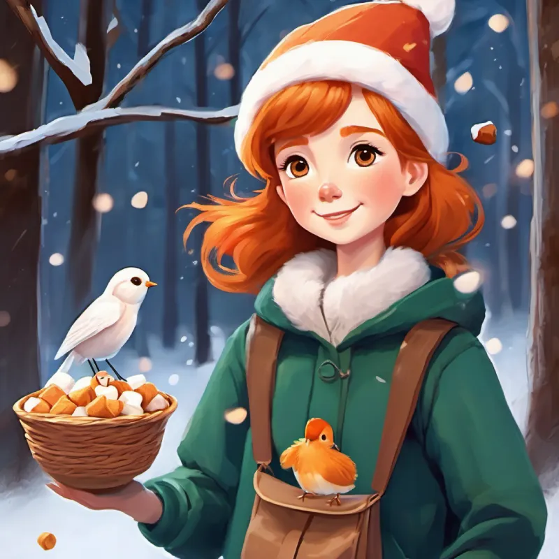 Nourisher, straight ginger hair, brown eyes, carries a snack bag leaves marshmallows for the bird