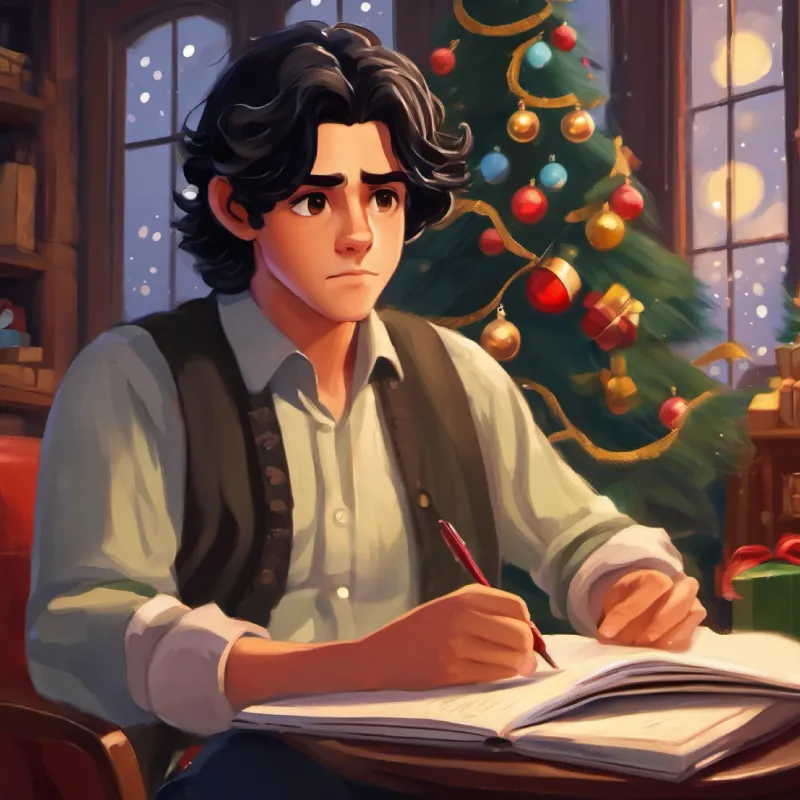 Storyteller, wavy black hair, hazel eyes, clutches a notebook feels discouraged about his story