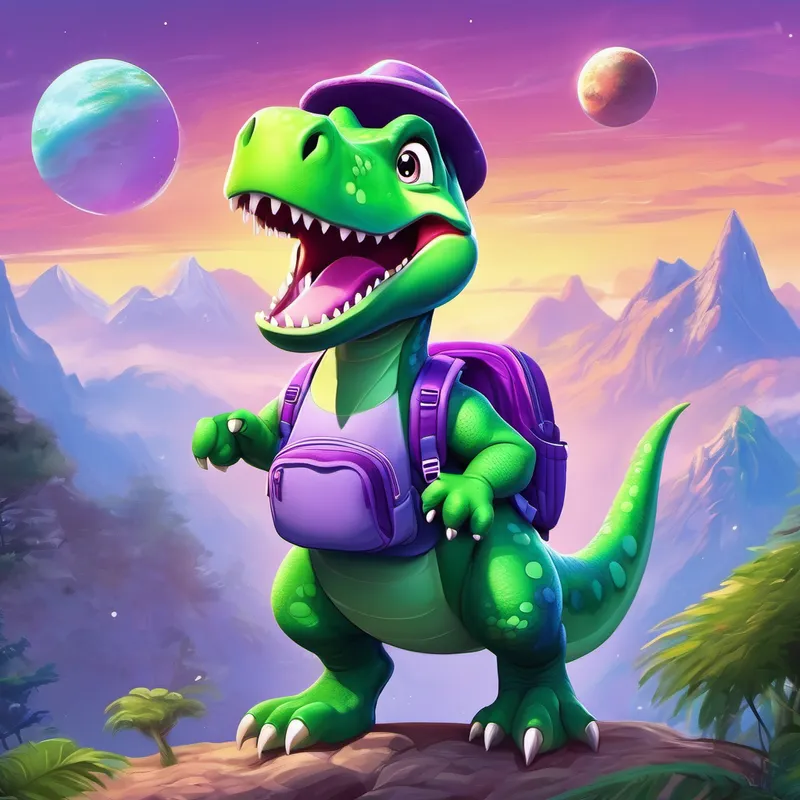 Green dinosaur with a purple backpack and hat. looking excited, pointing at a beautiful planet