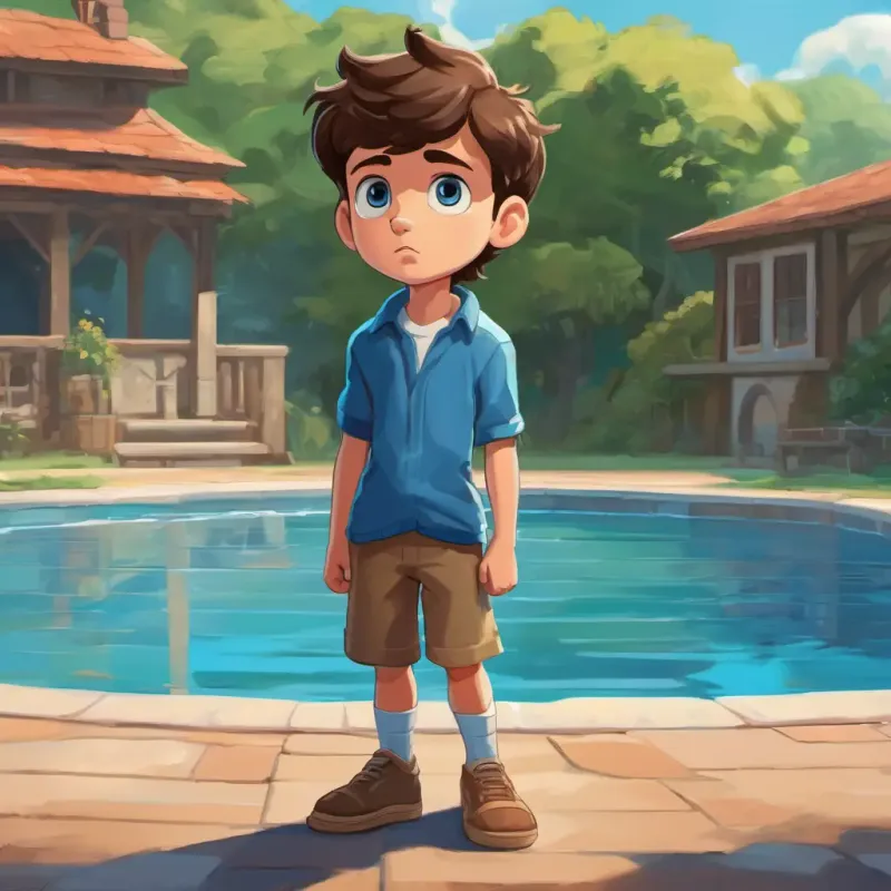 Danny is a young boy with brown hair and blue eyes He is determined and brave is a young boy with brown hair and blue eyes. He is standing near a big pool, looking a little nervous.