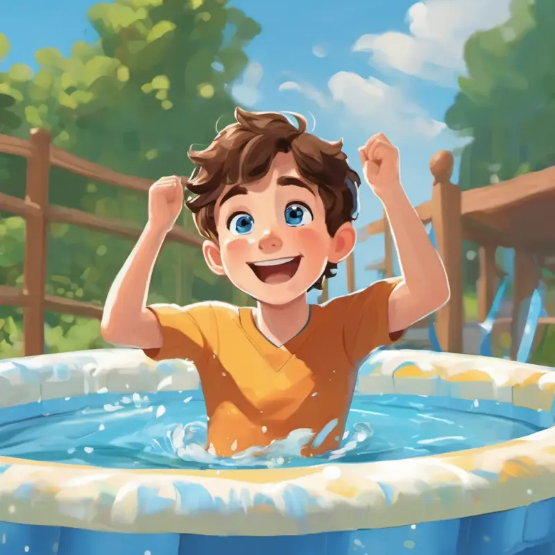 Danny is a young boy with brown hair and blue eyes He is determined and brave is floating on his back in the kiddie pool, with a big smile on his face. His dad is clapping and cheering for him.