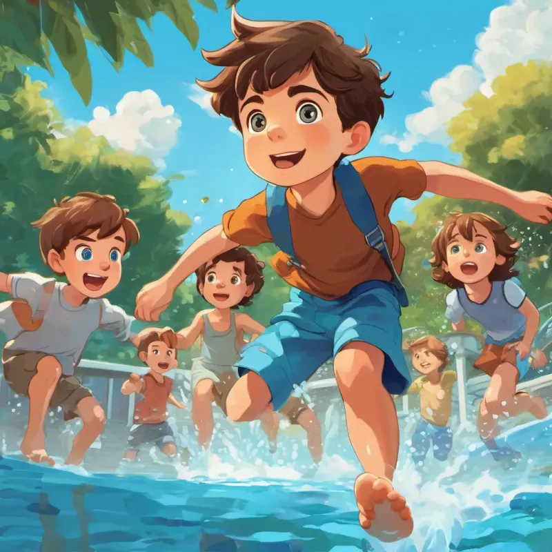 Danny is a young boy with brown hair and blue eyes He is determined and brave is jumping into the big pool, with his dad right behind him. They are surrounded by other kids having fun in the water.