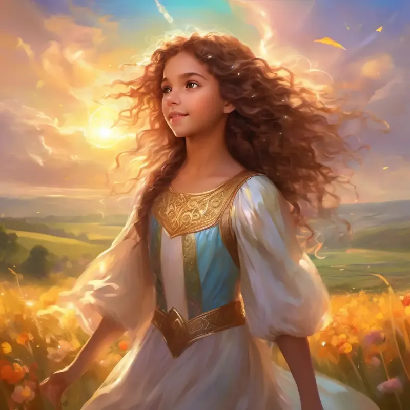 Young girl, curly hair, bright brown eyes, full of spirit playing, sunny fields, bright and cheerful scene