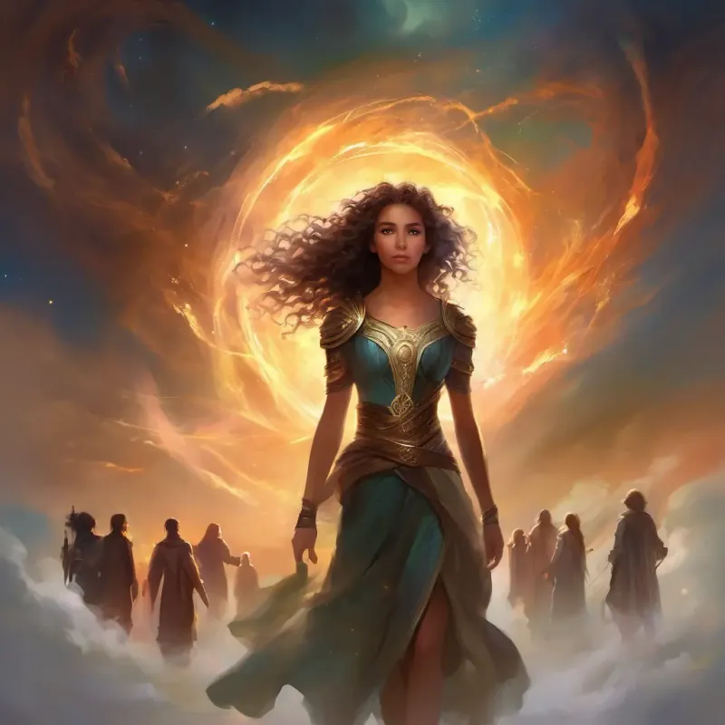 Menacing figures approach, friends flee, Young girl, curly hair, bright brown eyes, full of spirit is worried