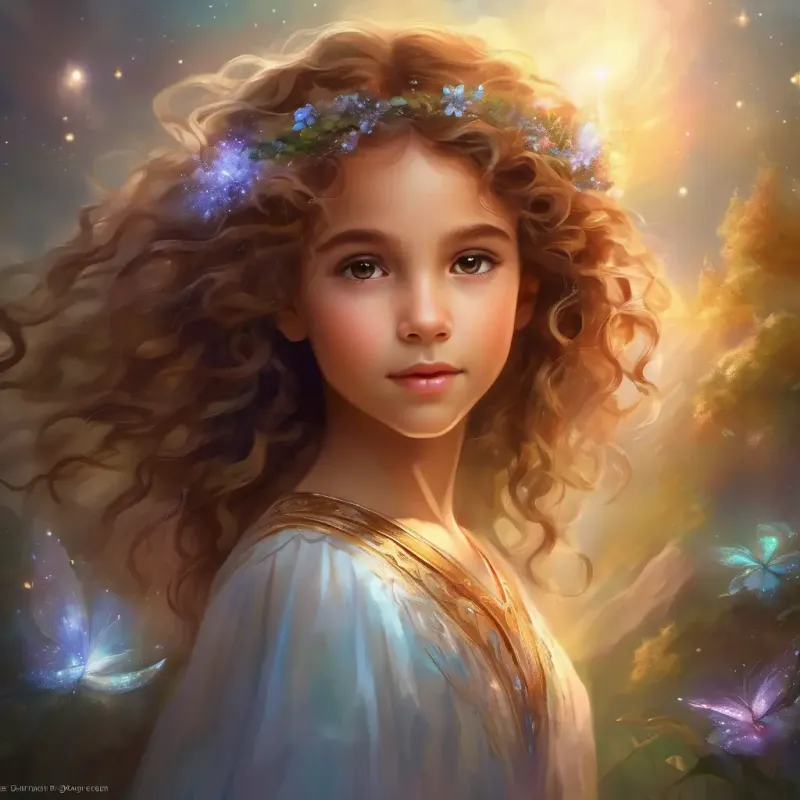 Young girl, curly hair, bright brown eyes, full of spirit reflects on actions, feels grateful, learns important lesson