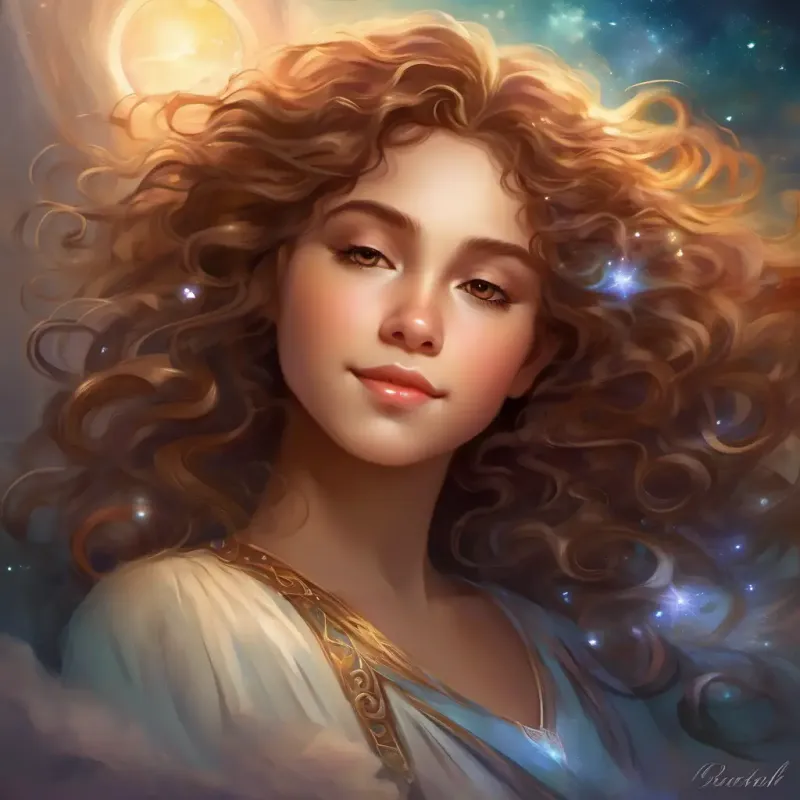 Young girl, curly hair, bright brown eyes, full of spirit falls asleep, dreams happily, peaceful conclusion