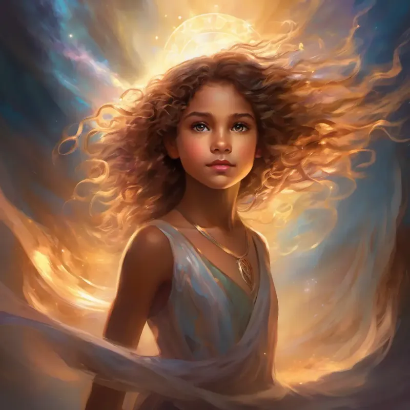 Young girl, curly hair, bright brown eyes, full of spirit confronts fear, stands against shadows, heart pounding