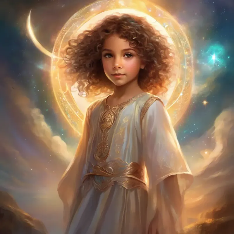 Young girl, curly hair, bright brown eyes, full of spirit recalls mom's advice, finds inner strength, reassures self