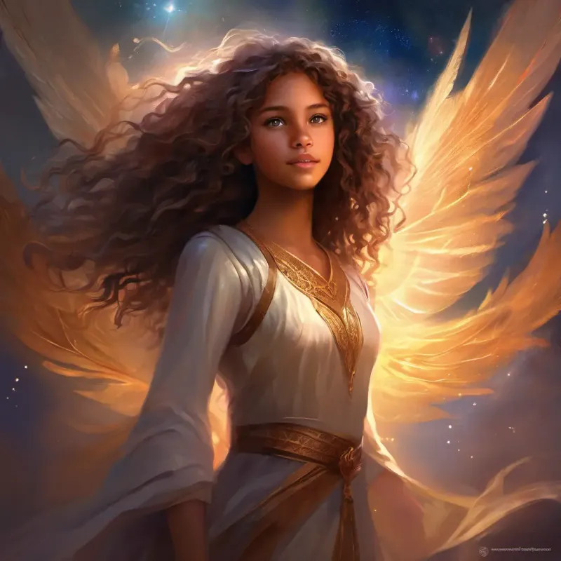 Young girl, curly hair, bright brown eyes, full of spirit speaks out courageously, stands her ground, shadows listen