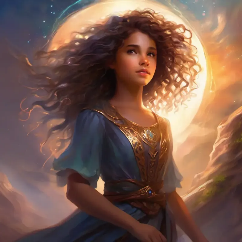 Shadows halt, confused by Young girl, curly hair, bright brown eyes, full of spirit's courage, tension builds