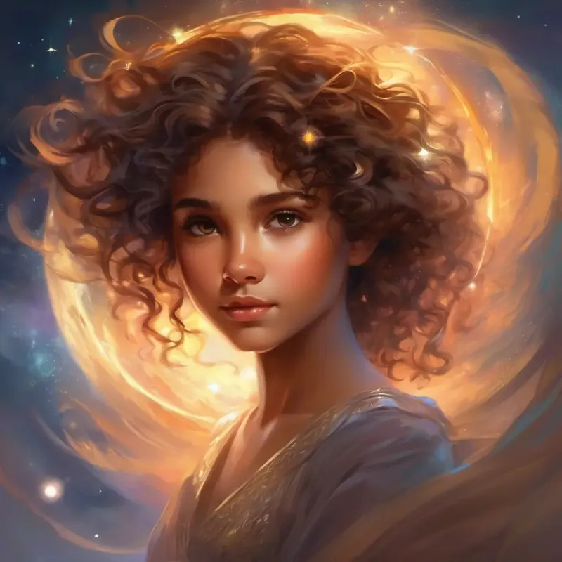 Young girl, curly hair, bright brown eyes, full of spirit declares love for home, defends it, shadows consider
