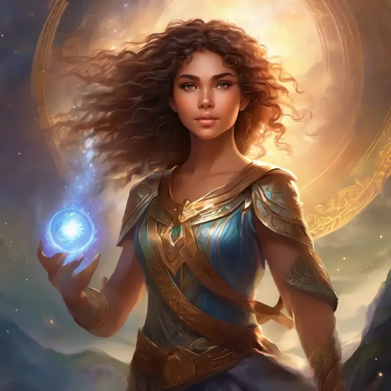 Adversaries retreat, Young girl, curly hair, bright brown eyes, full of spirit feels relief, pride in her bravery