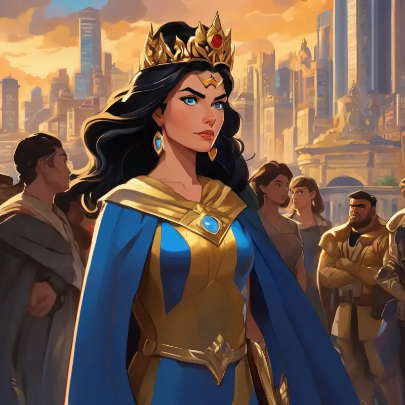 Strong, courageous superhero with dark hair, blue eyes, and a golden tiara standing tall in front of a bustling city, with the female cartel members lurking in the shadows