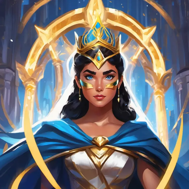 Strong, courageous superhero with dark hair, blue eyes, and a golden tiara facing the fierce female cartel members, lasso glowing and bracelets shining