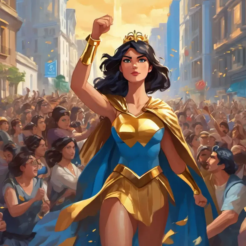 Strong, courageous superhero with dark hair, blue eyes, and a golden tiara triumphantly defeating the female cartel members, people of the city cheering in the background