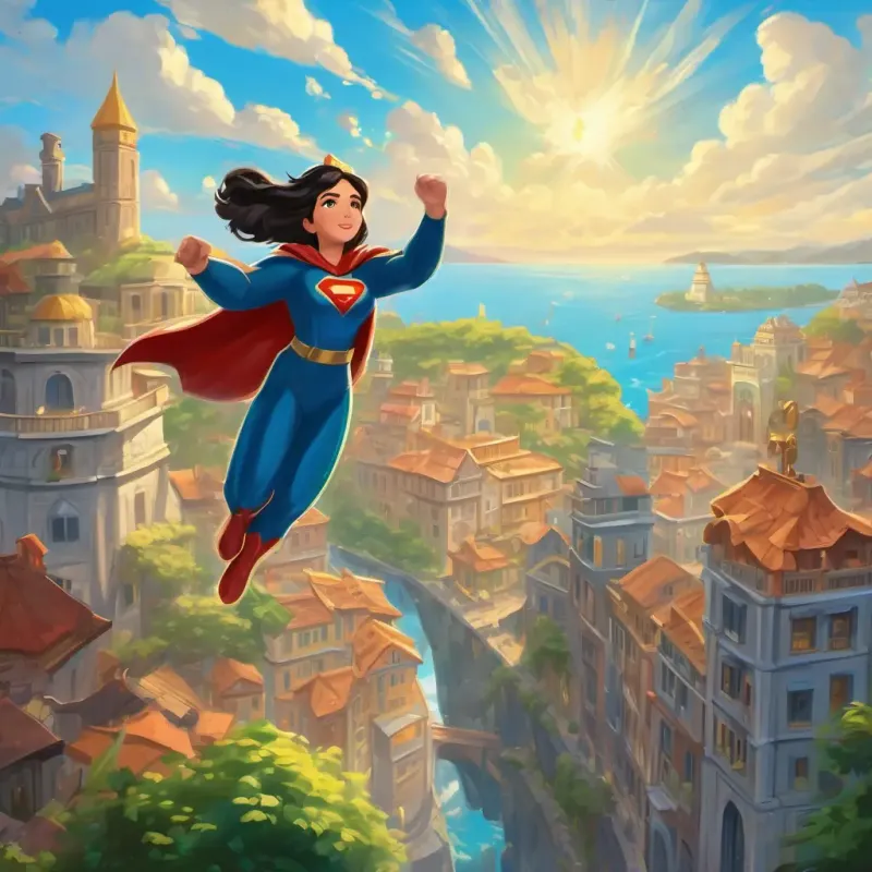 Strong, courageous superhero with dark hair, blue eyes, and a golden tiara soaring through the sky towards her secret island home, people of the city waving goodbye