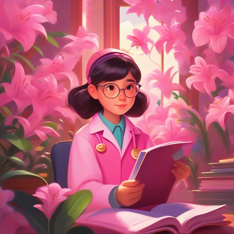 Lily - determined, dreams of becoming a doctor, wears pink studying hard, working part-time jobs, determined