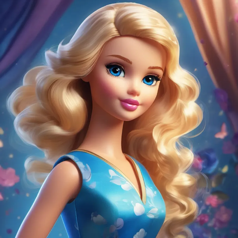 Establishes Young Barbie with creative spark, flowing blonde hair, blue eyes's goal to create a remarkable dress.