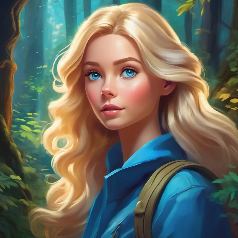 Young Barbie with creative spark, flowing blonde hair, blue eyes searches for inspiration in the mystical forest.