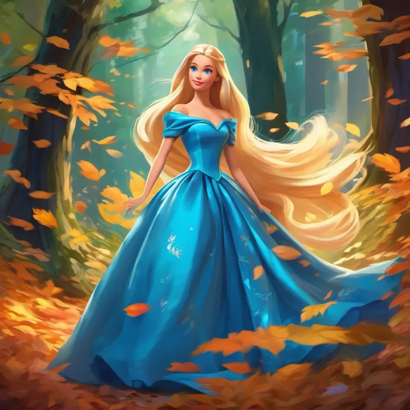 Young Barbie with creative spark, flowing blonde hair, blue eyes crafts a gown from forest leaves.