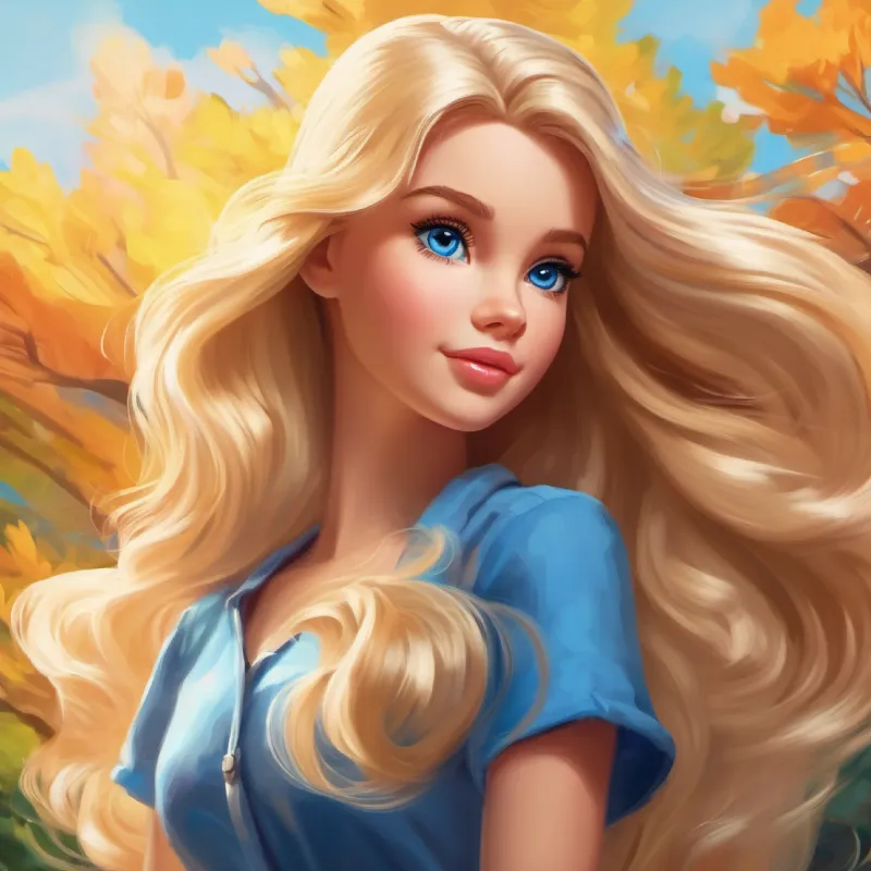 Young Barbie with creative spark, flowing blonde hair, blue eyes senses something is missing from her creation.