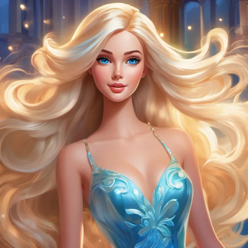 Young Barbie with creative spark, flowing blonde hair, blue eyes visits the Graceful figure, long blue hair, pearlescent skin, aquamarine eyes for dress embellishments.